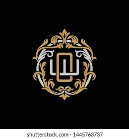 Initial letter W and O, WO, OW, decorative ornament emblem badge, overlapping monogram logo, elegant luxury silver gold color on black background