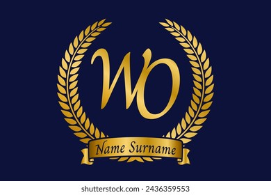 Initial letter W and O, WO monogram logo design with laurel wreath. Luxury golden emblem with calligraphy font.