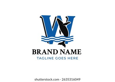 Initial Letter W on flat color 3d concept design with Whale Jumping in the Water Logo Design Vector Icon Graphic Emblem Illustration isolated on white background.