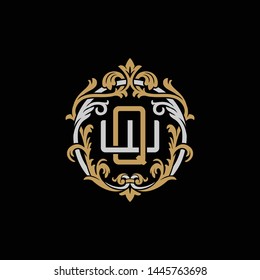 Initial letter W and Q, WQ, QW, decorative ornament emblem badge, overlapping monogram logo, elegant luxury silver gold color on black background