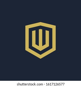initial Letter W with Shield frame line art element. Shield Line geometry  for Security logo. Logo Icon Template for Web and Business Card, Letter Logo Template on Black Background. - vector