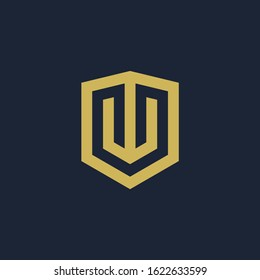 initial Letter W with Shield frame line art element. Shield Line geometry  for Security logo. Logo Icon Template for Web and Business Card, Letter Logo Template on Black Background. - vector