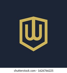 initial Letter W with Shield frame line art element. Shield Line geometry  for Security logo. Logo Icon Template for Web and Business Card, Letter Logo Template on Black Background. - vector