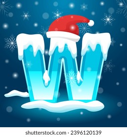 Letra inicial W con copo de nieve y elemento Santa hat, ilustración vectorial de plantilla de nevado. Alfabeto con plantilla vectorial de nieve.  Vector de texto invernal utilizable para Año Nuevo o Navidad.