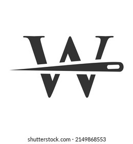 Logotipo de letra inicial W sastre, combinación de aguja y hilo para bordado, textil, de moda, de tela, plantilla de tela