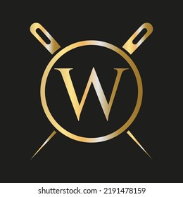 Logotipo de letra inicial W sastre, combinación de aguja y hilo para bordado, textil, de moda, de tela, plantilla de tela