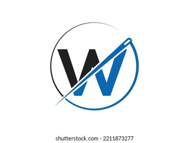 Anfangsbuchstabe W mit Tailor-Logo, Nadeln und Thread-Kombination für Stickereien, Textilien, Mode, Tuch, Stoffvorlage.