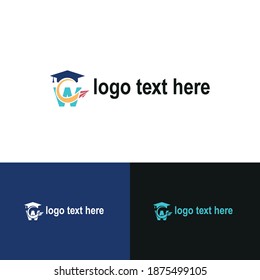 Initial letter w with toga hat graduation gown and paper plane flying around for education academy logo concept