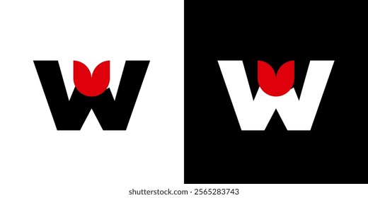 Initial letter W tulip love heart book logo template black white red	
