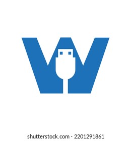 Letra inicial W Diseño de símbolo USB. Vector de iconos de cable USB de conexión de equipo
