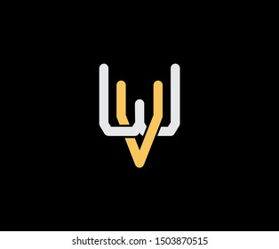 Initial letter W and V, VW, WV, overlapping interlock logo, monogram line art vintage style on black background