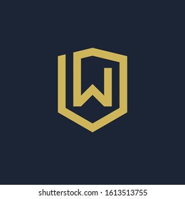 initial Letter W or VW with Shield frame line art element. Shield Line geometry  for Security logo. Logo Icon Template for Web and Business Card, Letter Logo Template on Black Background. - vector
