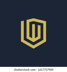initial Letter W or VW with Shield frame line art element. Shield Line geometry  for Security logo. Logo Icon Template for Web and Business Card, Letter Logo Template on Black Background. - vector