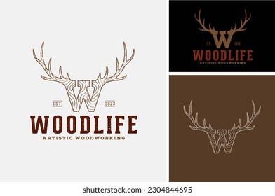 Initial Letter W Wooden Wildlife, Wood Texture Handcraft with Buck Stag Mule Deer Reindeer Elk Antler for Artistic Woodwork Vintage Logo Design