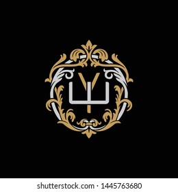 Initial letter W and Y, WY, YW, decorative ornament emblem badge, overlapping monogram logo, elegant luxury silver gold color on black background