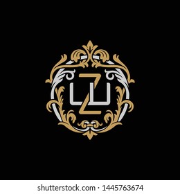 Initial letter W and Z, WZ, ZW, decorative ornament emblem badge, overlapping monogram logo, elegant luxury silver gold color on black background