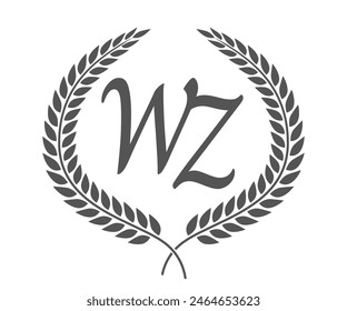 Initial letter W and Z, WZ monogram logo design with laurel wreath. Luxury calligraphy font.