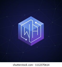 Initial letter WA, block chain, looping mono line circuit letter on hexagon cube logo, blue magenta gradient color on black blue network background