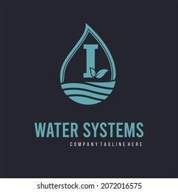 Initial I Letter  With Water Drop And Leaf For Water Drainage, Sanitation, Purified, Repair, Cleanup, Maintenance Water System Service Company Logo Vector Idea