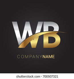 initial letter WB logotype company name colored gold and silver swoosh design. isolated on black background.