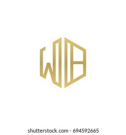 Initial letter WB, minimalist line art hexagon shape logo, gold color