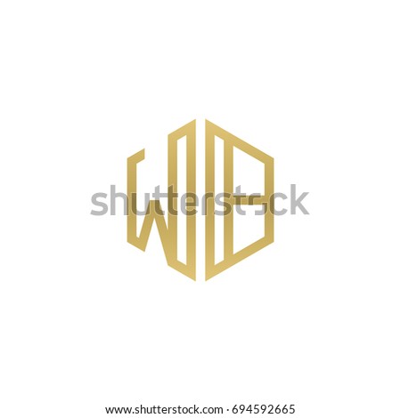 Initial letter WB, minimalist line art hexagon shape logo, gold color