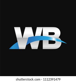 Initial letter WB, overlapping movement swoosh logo, metal silver blue color on black background