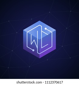 Initial letter WC, block chain, looping mono line circuit letter on hexagon cube logo, blue magenta gradient color on black blue network background