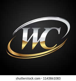 initial letter WC logotype company name colored gold and silver swoosh design. isolated on black background.
