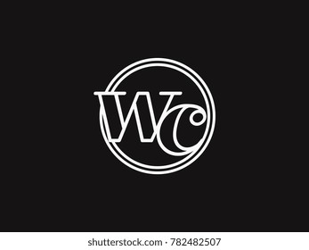 Initial letter wc lowercase outline inside the circle logo template white on black background