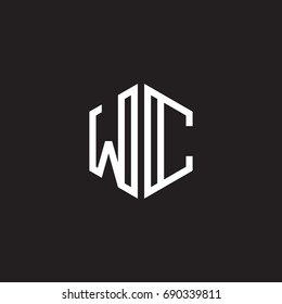 Initial letter WC, minimalist line art monogram hexagon shape logo, white color on black background