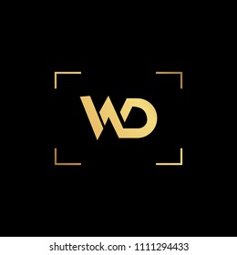 Initial letter WD DW VD DV minimalist art monogram shape logo, gold color on black background