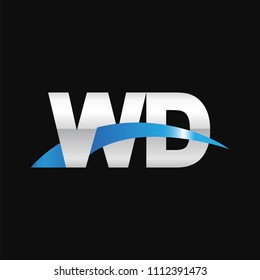 Initial letter WD, overlapping movement swoosh logo, metal silver blue color on black background