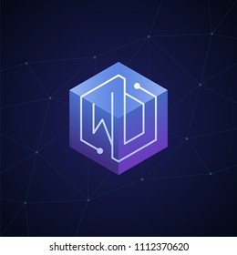 Initial letter WD, WO, block chain, looping mono line circuit letter on hexagon cube logo, blue magenta gradient color on black blue network background