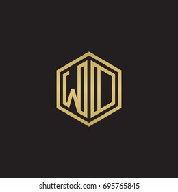 Initial letter WD, WO, minimalist line art hexagon logo, gold color on black background