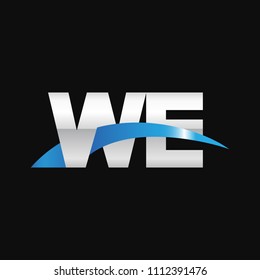 Initial letter WE, overlapping movement swoosh logo, metal silver blue color on black background