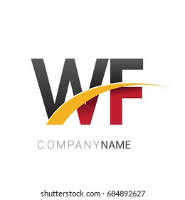 initial letter WF logotype company name colored red, black and yellow swoosh design. isolated on white background.