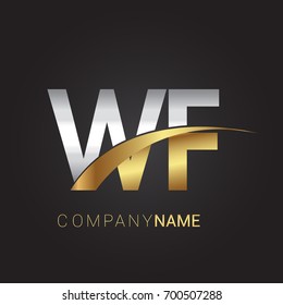 initial letter WF logotype company name colored gold and silver swoosh design. isolated on black background.