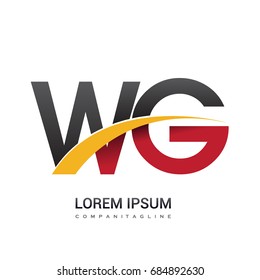initial letter WG logotype company name colored red, black and yellow swoosh design. isolated on white background.