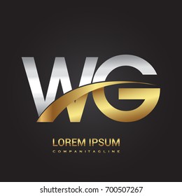 initial letter WG logotype company name colored gold and silver swoosh design. isolated on black background