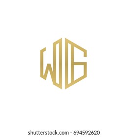 Initial letter WG, minimalist line art hexagon shape logo, gold color