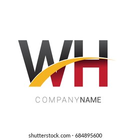 initial letter WH logotype company name colored red, black and yellow swoosh design. isolated on white background.