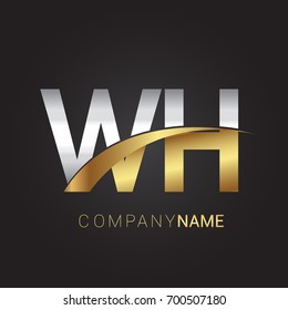 initial letter WH logotype company name colored gold and silver swoosh design. isolated on black background.