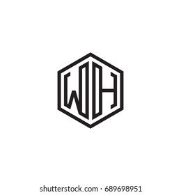 Initial letter WH, minimalist line art monogram hexagon logo, black color