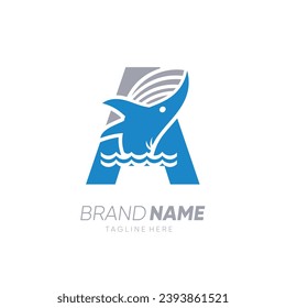 Initial Letter A Whale Jumping in the Water Logo Design Vector Icon Graphic Emblem Illustration