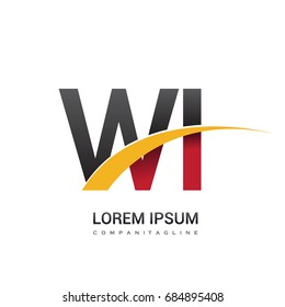 initial letter WI logotype company name colored red, black and yellow swoosh design. isolated on white background.