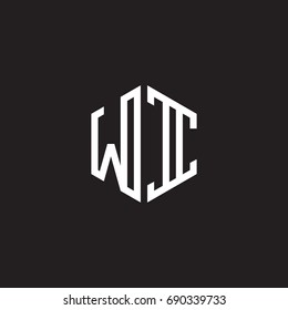 Initial letter WI, minimalist line art monogram hexagon shape logo, white color on black background