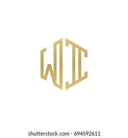 Initial letter WI, minimalist line art hexagon shape logo, gold color