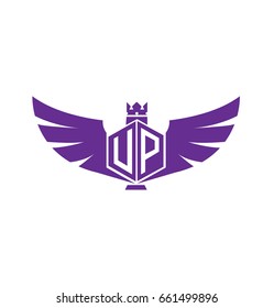 Initial letter UP with wings and crown design logo
