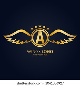Initial letter A with wings icon golden design